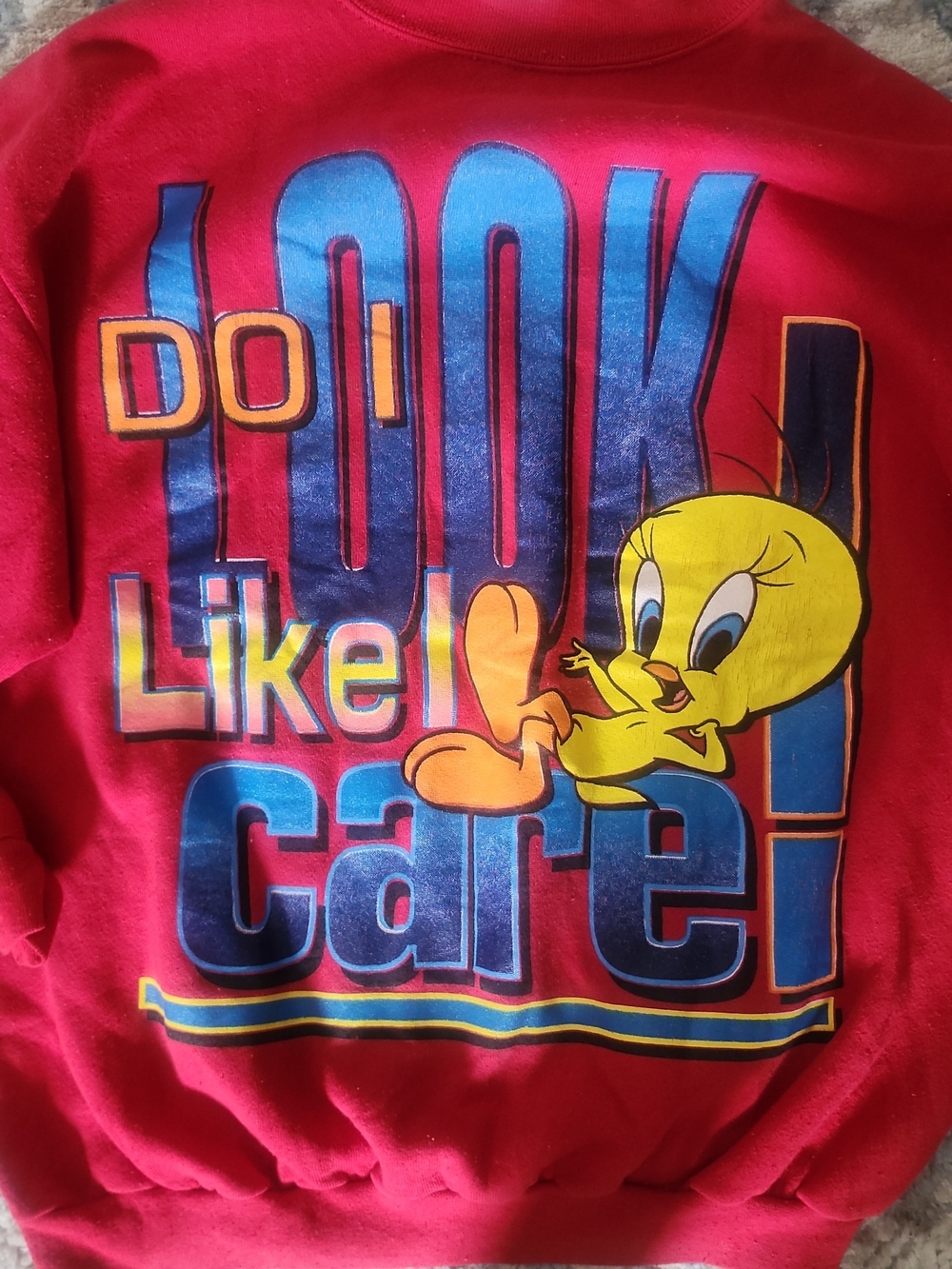 Vintage 1997 Looney Tunes Tweety Bird Do I Look Like I Care Red Graphic Crewneck